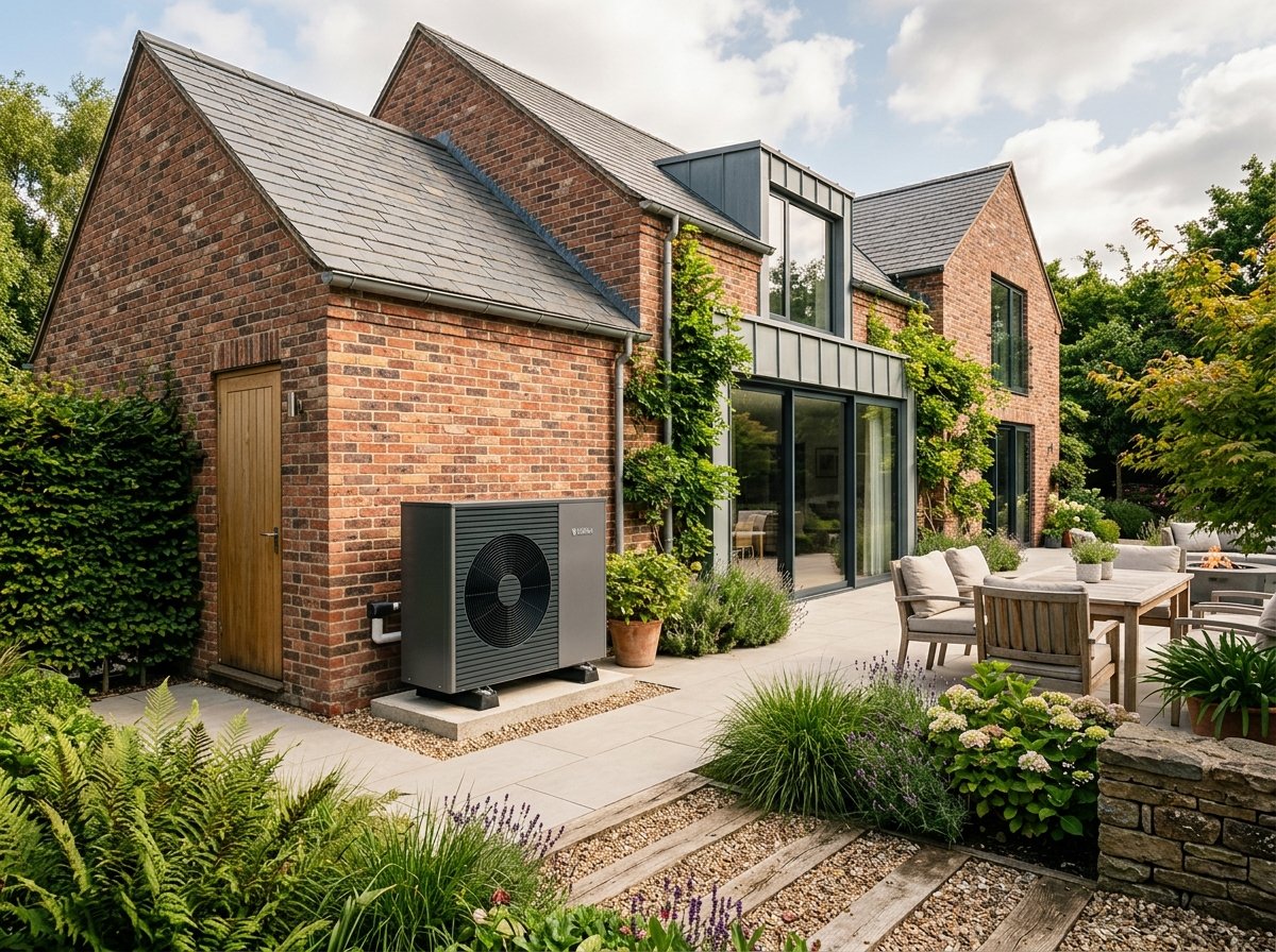 Quiet outdoor Air Source Heat Pump unit installed at British residential property